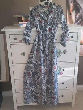 Floral Long Sleeve Maxi Dress - Blue, White & Red Accents